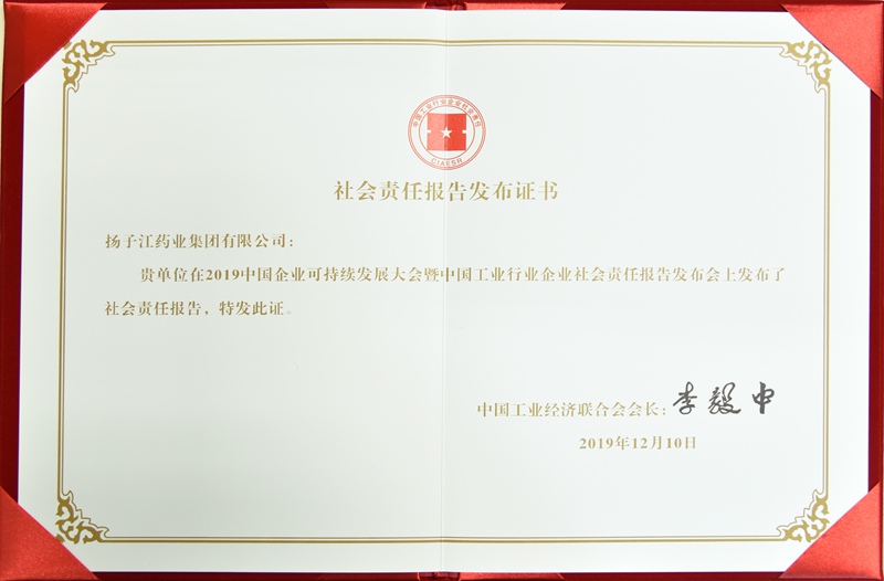 社會(huì)責(zé)任報(bào)告發(fā)布證書(shū)（中國(guó)工經(jīng)聯(lián)，2019）